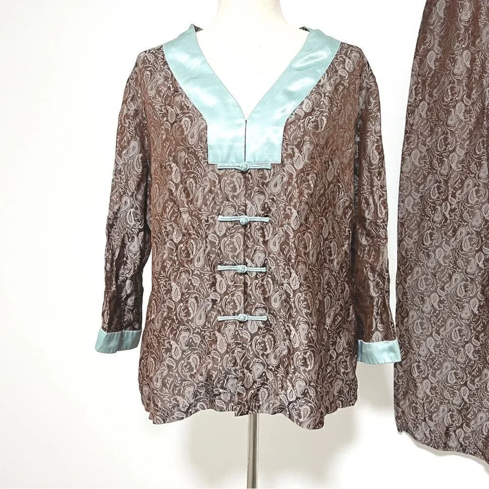 Vintage Chandler Ladies 2 Piece Pajama Set XL L Paisley Damask Cocoa Brown Aqua